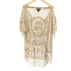 Say What? Crochet Fringe Top Large Boho Festival Hippie Y2K Cream Knit